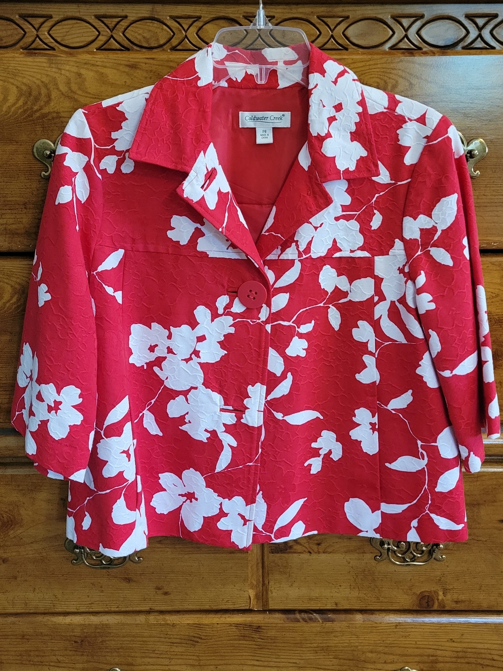 Coldwater Creek Red and White Floral Button-Front Blazer